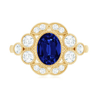Vintage Looking 1.5 Carat Lab Grown Blue Sapphire Engagement Ring with Diamond