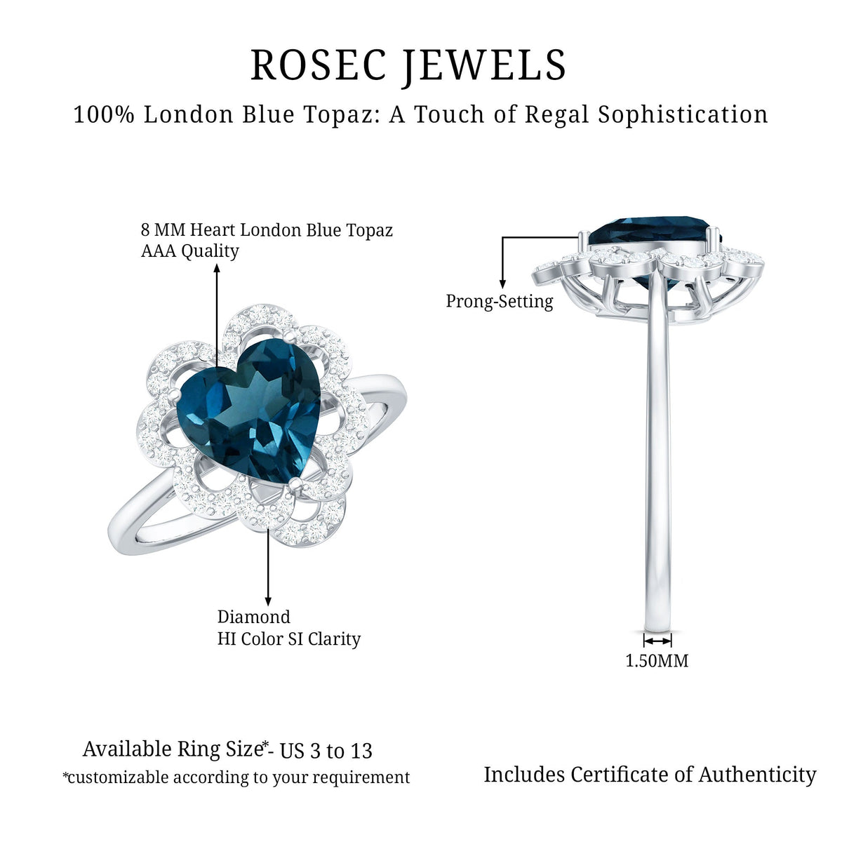 8mm Heart Shape London Blue Topaz Designer Engagement Ring with Diamond Halo