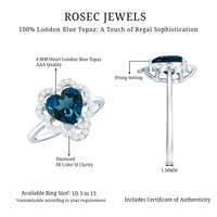 8mm Heart Shape London Blue Topaz Designer Engagement Ring with Diamond Halo