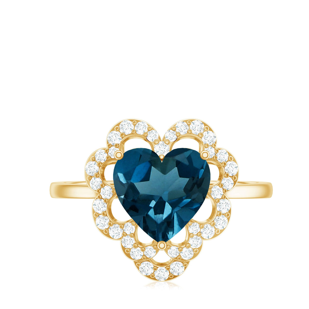 8mm Heart Shape London Blue Topaz Designer Engagement Ring with Diamond Halo