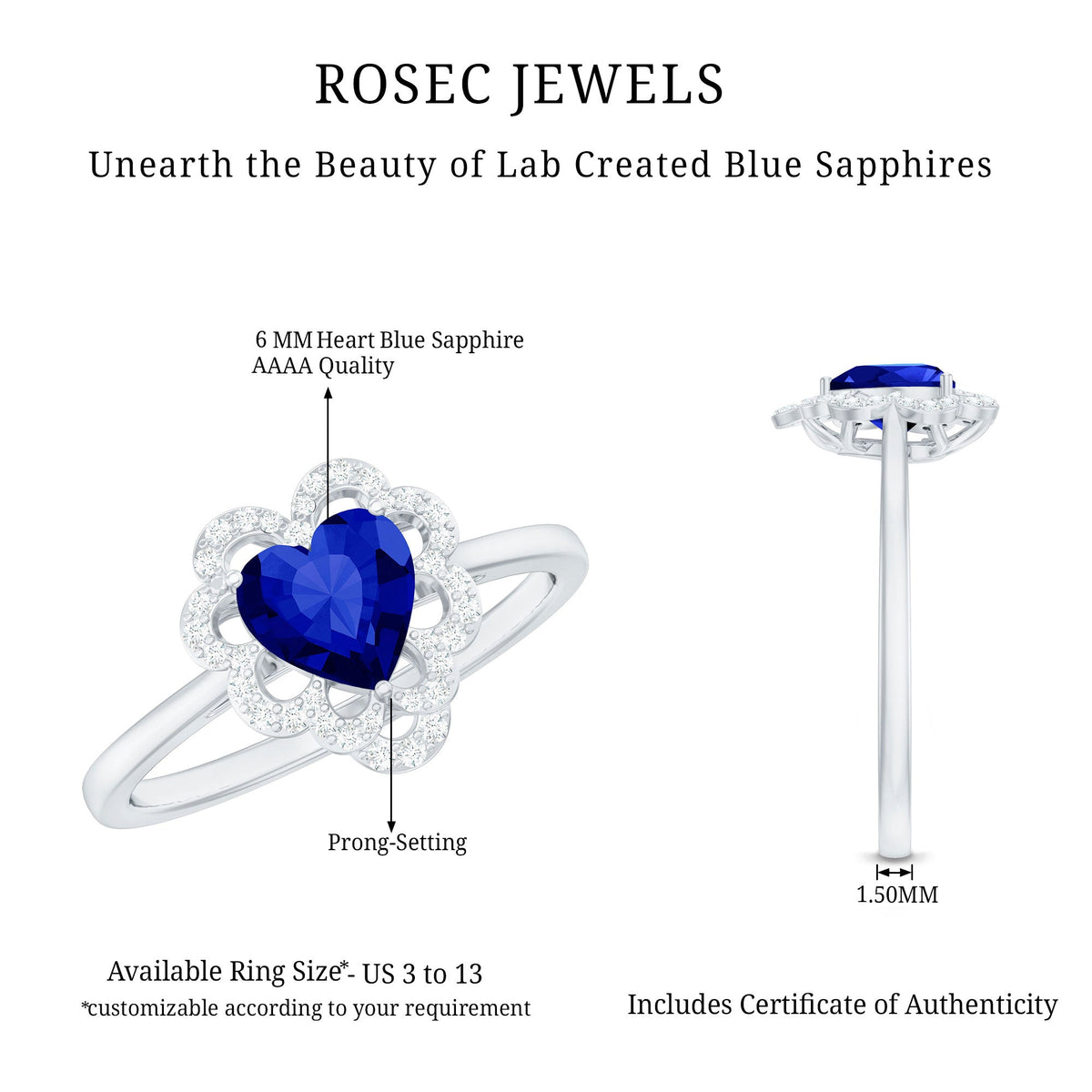 1 Carat Heart Lab Grown Blue Sapphire Designer Engagement Ring with Diamond
