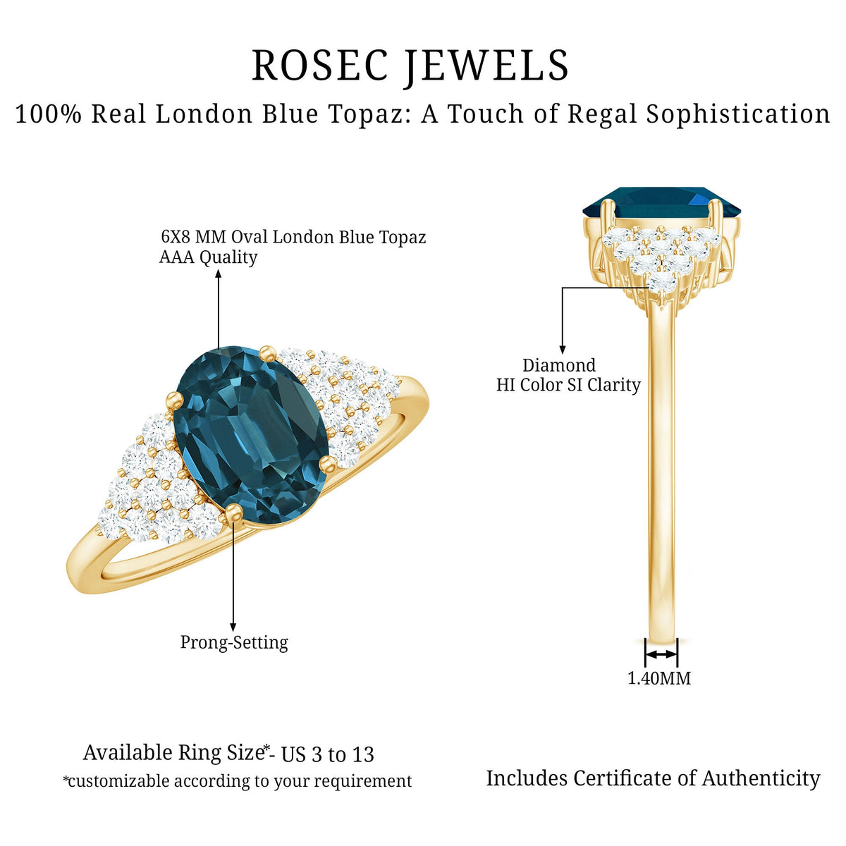 6X8mm Oval Cut London Blue Topaz Classic Engagement Ring with Diamond