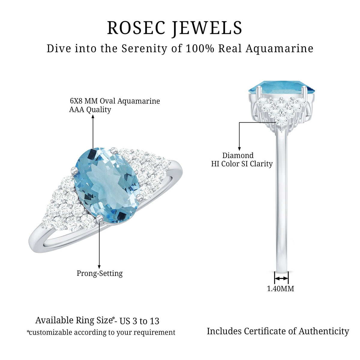 Rosec Jewels solitaire 1 carat aquamarine oval engagement ring with diamond cluster setting and silver band.