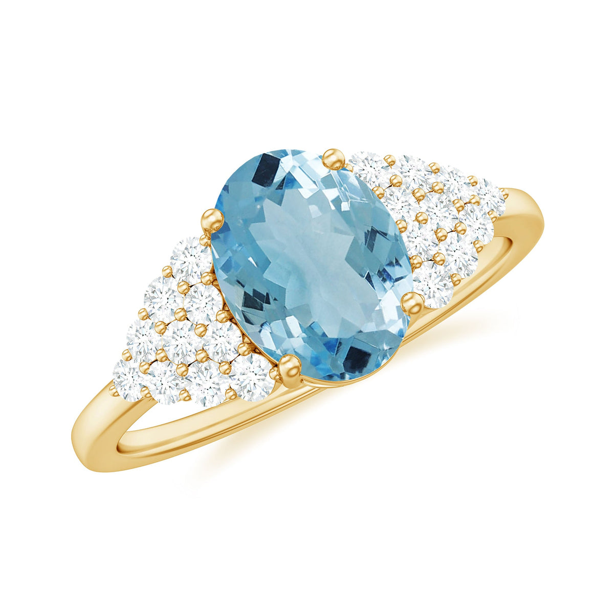 Solitaire 1 Carat aquamarine oval engagement ring with diamond cluster setting by Rosec Jewels, showcasing the elegant ring design.