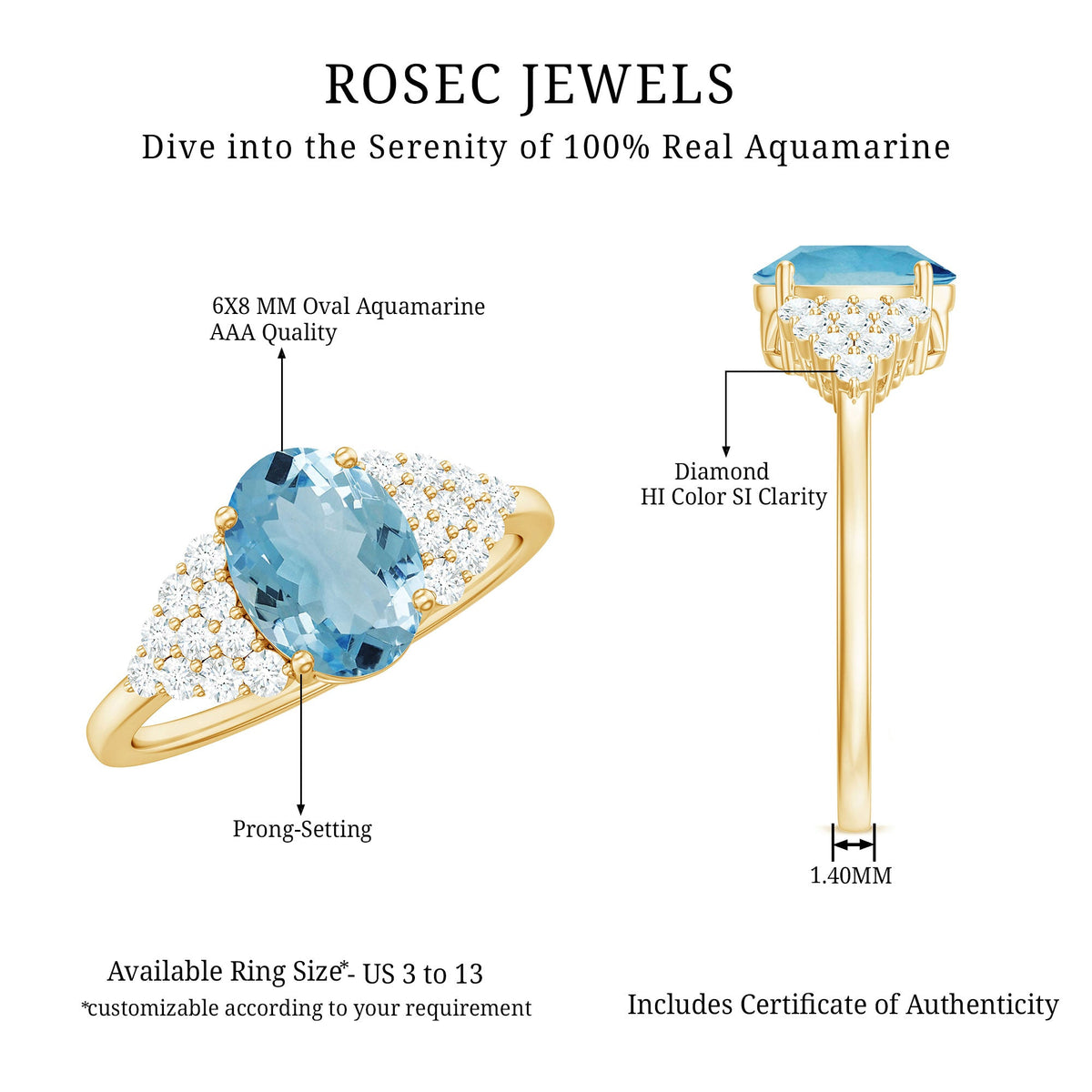 Rosec Jewels solitaire 1 carat aquamarine oval engagement ring with diamond cluster setting, featuring a silver band and intricate design.