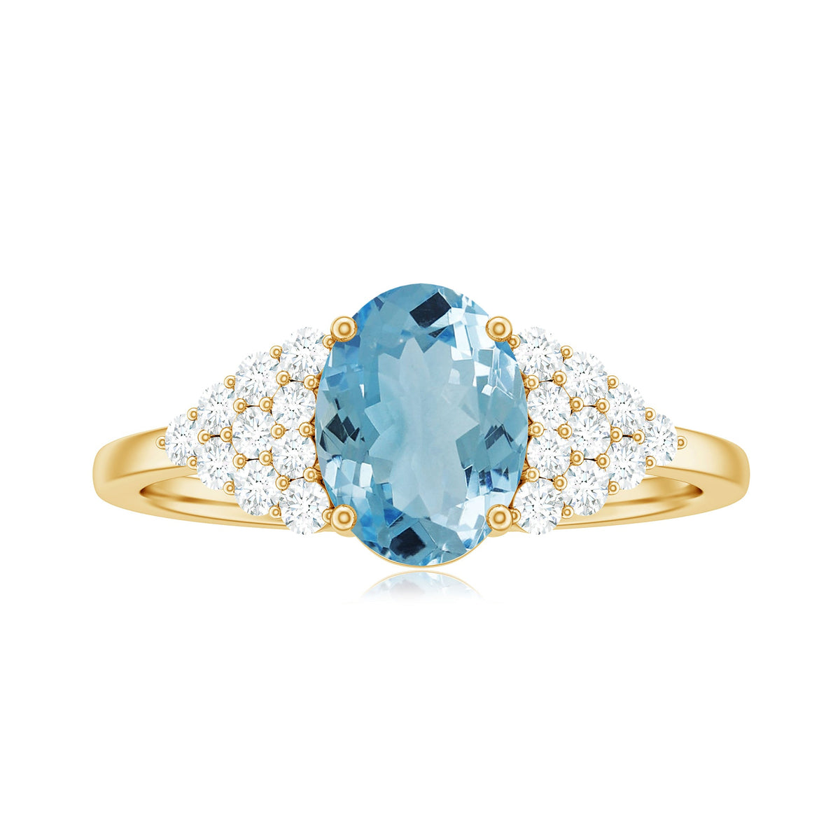 Rosec Jewels solitaire 1 carat aquamarine oval engagement ring with diamond cluster setting, showcasing elegant jewelry design.