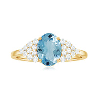 Rosec Jewels solitaire 1 carat aquamarine oval engagement ring with diamond cluster setting, showcasing elegant jewelry design.