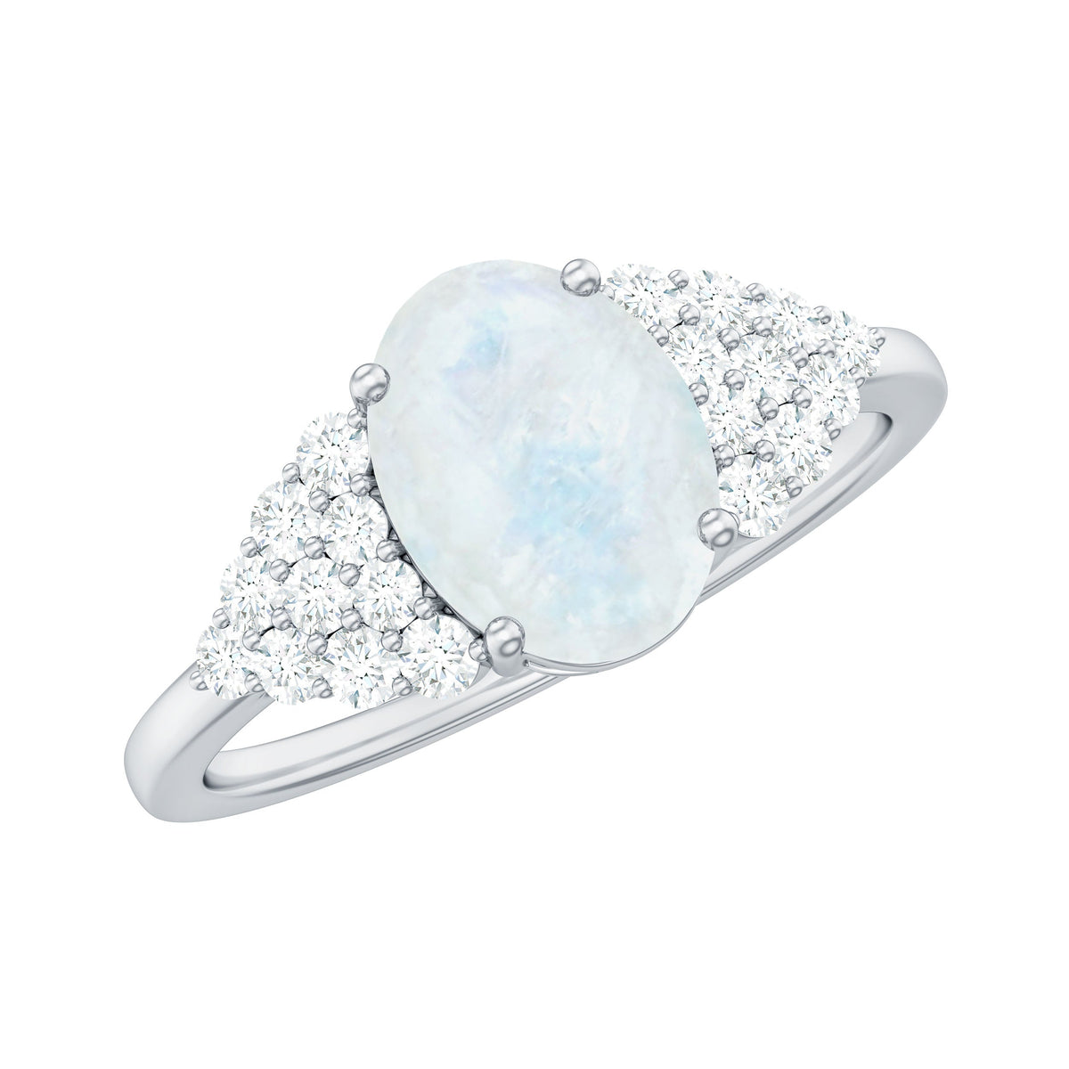 Oval cut moonstone solitaire ring with diamond accent by Rosec Jewels, showcasing a smooth, polished band and sparkling gemstone.