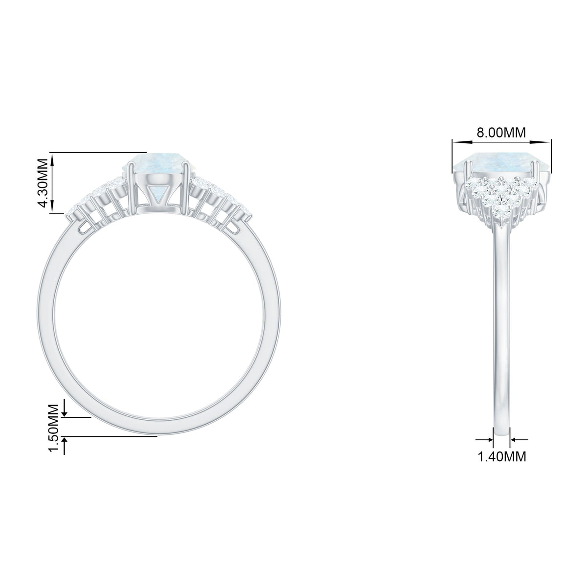 Oval cut moonstone solitaire ring with diamond accent, featuring a silver band and elegant design by Rosec Jewels.