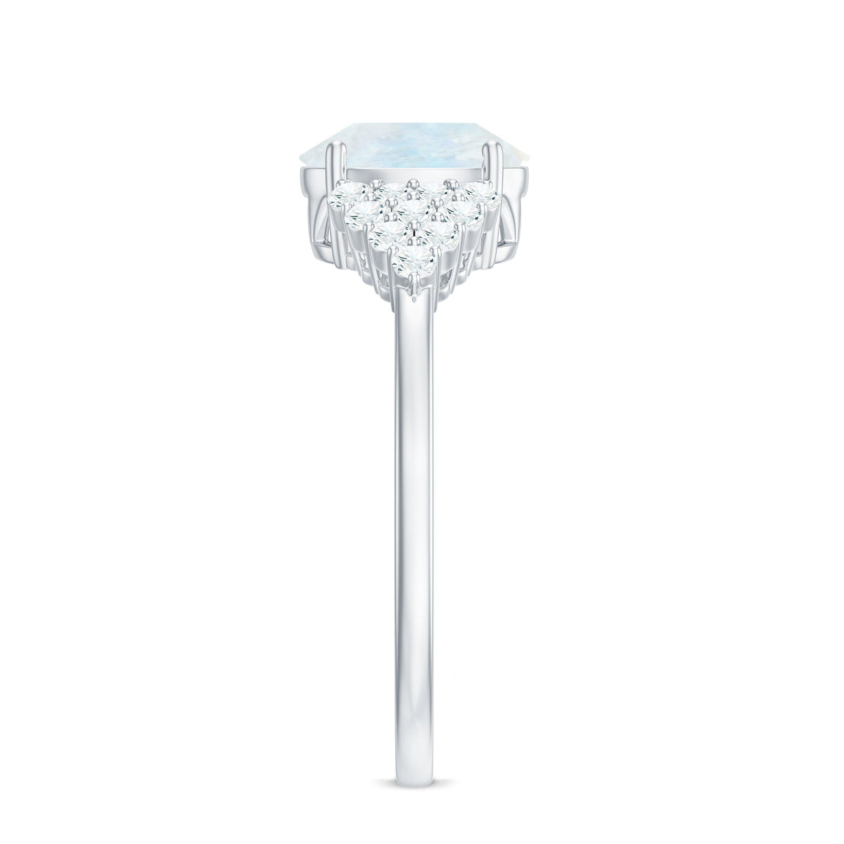 Oval cut moonstone solitaire ring with diamond accent, featuring a silver band and elegant design by Rosec Jewels.