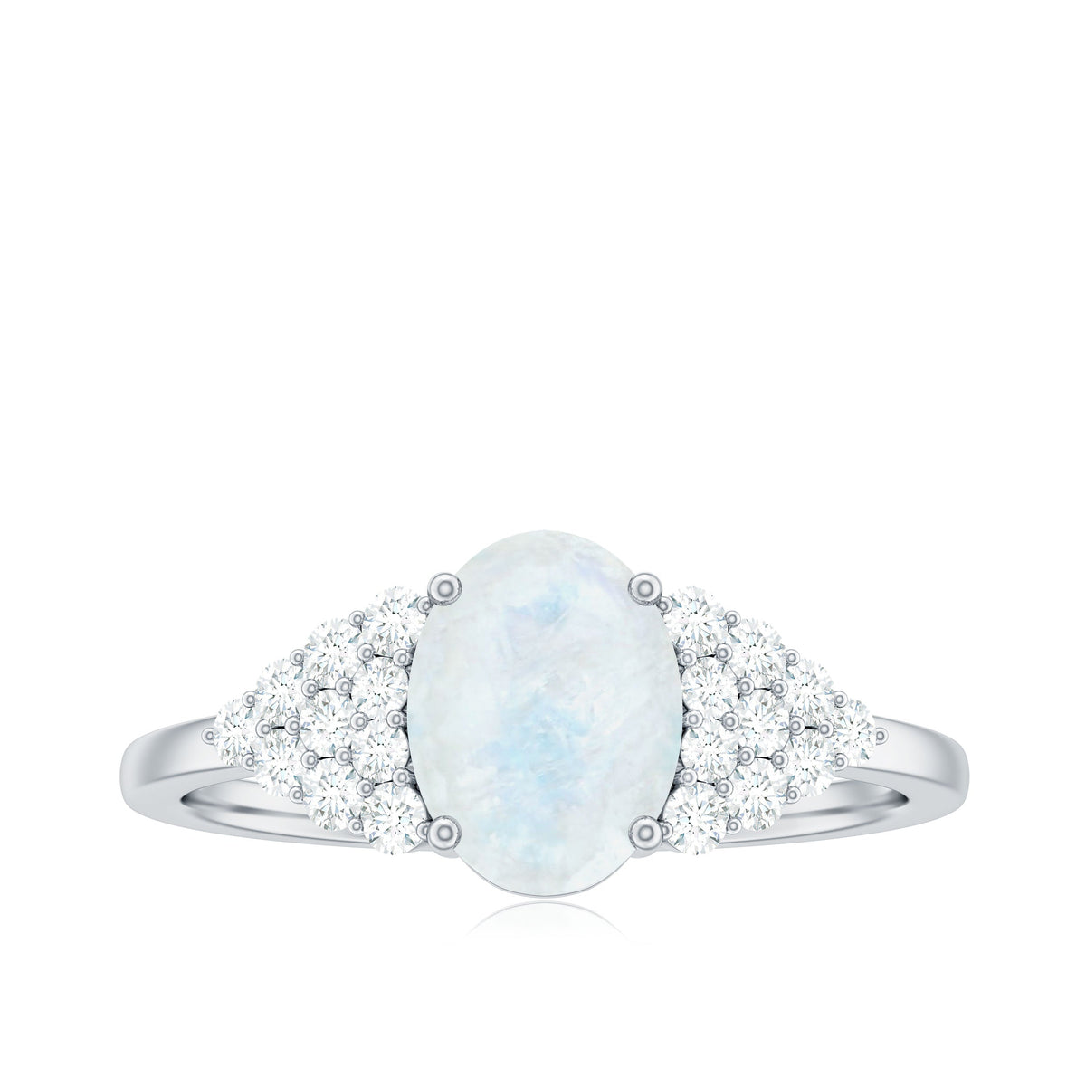 Oval cut moonstone solitaire ring with diamond accent by Rosec Jewels, featuring a silver band and elegant design.