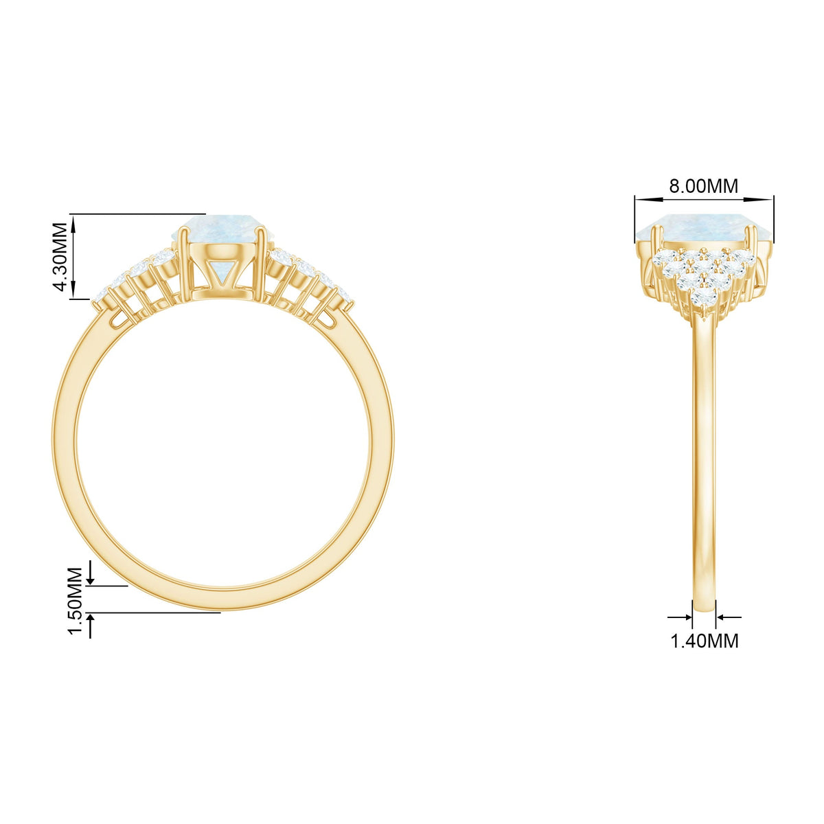 Oval cut moonstone solitaire ring with diamond accent by Rosec Jewels, showcasing the elegant gemstone and delicate band.