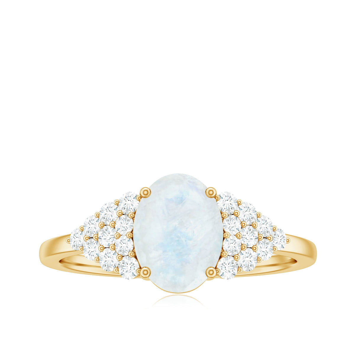 Oval cut moonstone solitaire ring with diamond accent from Rosec Jewels, showcasing the elegant gemstone and delicate band.