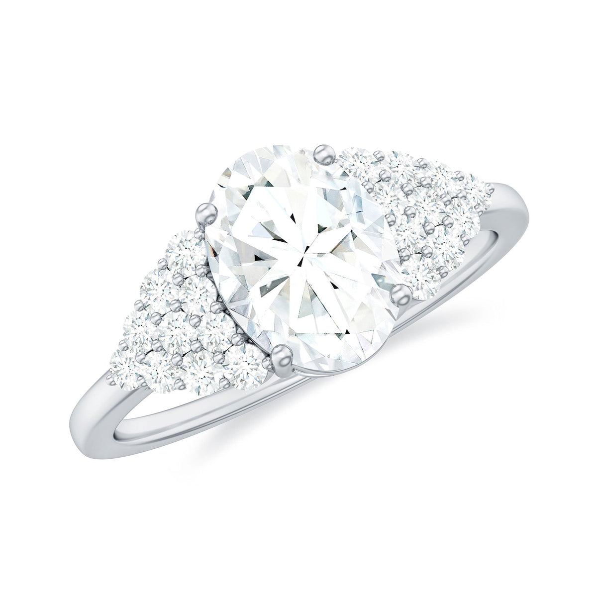 Oval moissanite engagement ring with cluster side stones, 6x8 mm, set in a Rosec Jewels ring with intricate detailing.