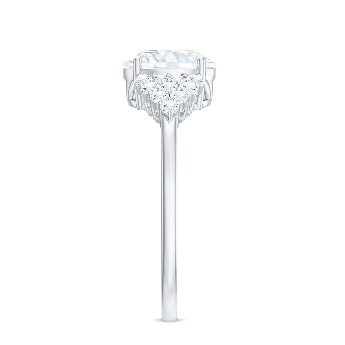 Oval moissanite engagement ring with 6x8 mm center stone and cluster side stones, crafted by Rosec Jewels.