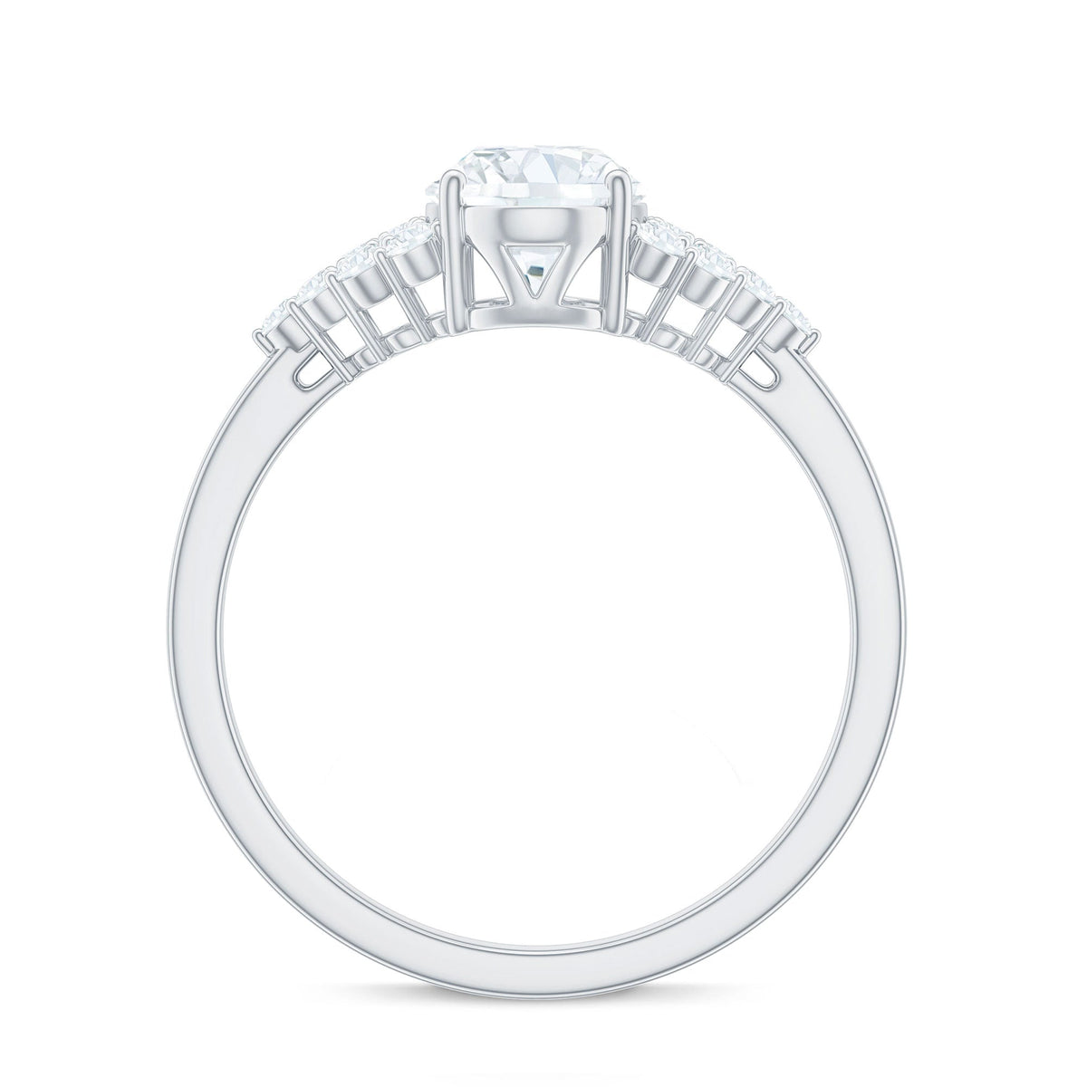 Oval moissanite engagement ring with 6x8mm stone and cluster side stones, featuring a Rosec Jewels design.