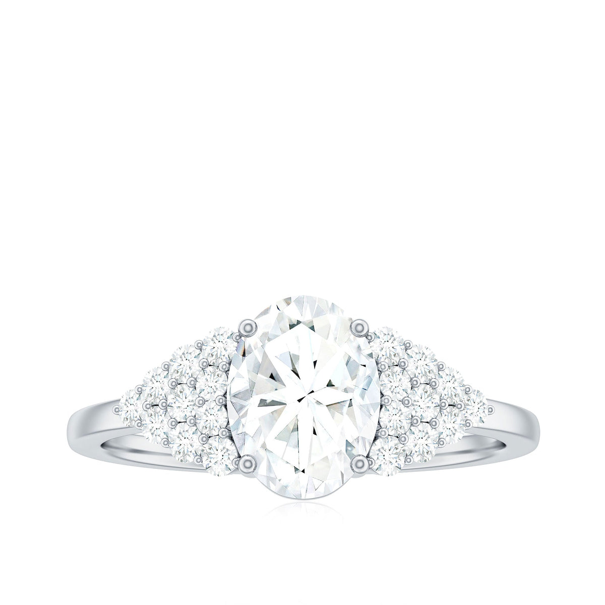 Oval moissanite engagement ring with 6x8mm center stone and cluster side stones, crafted by Rosec Jewels.
