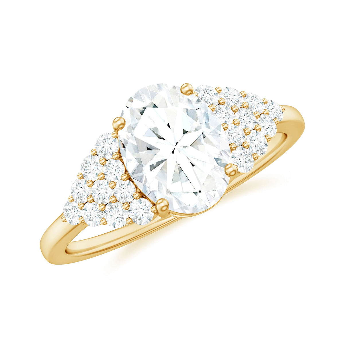 Oval moissanite engagement ring with cluster side stones, set in a Rosec Jewels ring showcasing sparkling gemstone detail.