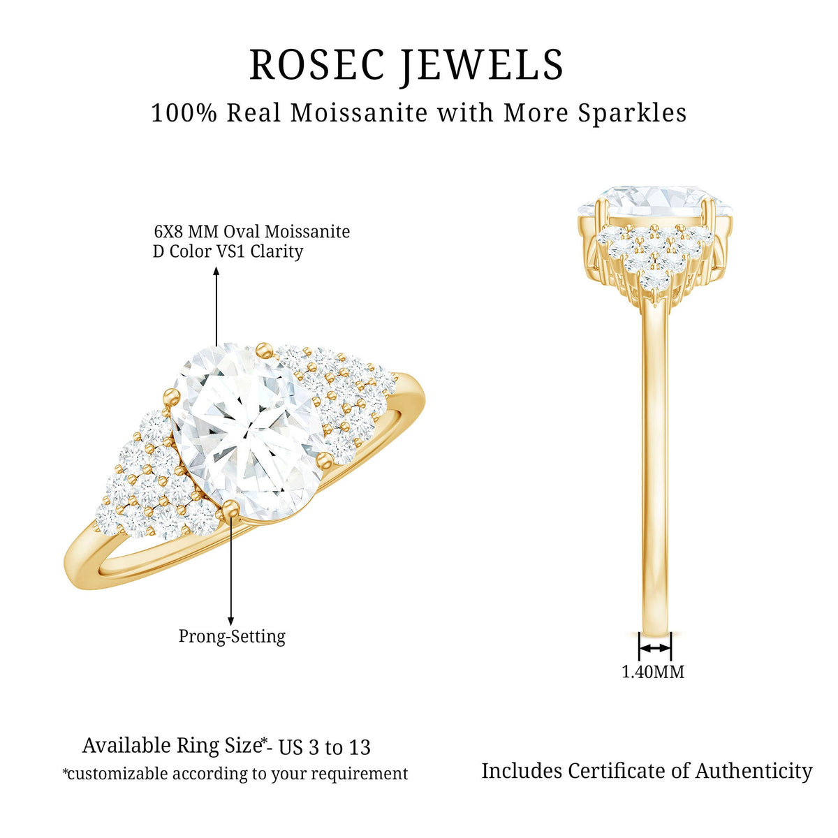 Oval moissanite engagement ring with 6x8mm center stone and cluster side stones, featuring a rose gold band from Rosec Jewels.