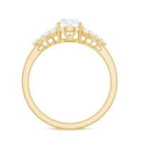Oval moissanite engagement ring with 6x8mm center stone and cluster side stones, featuring a elegant rose gold band.