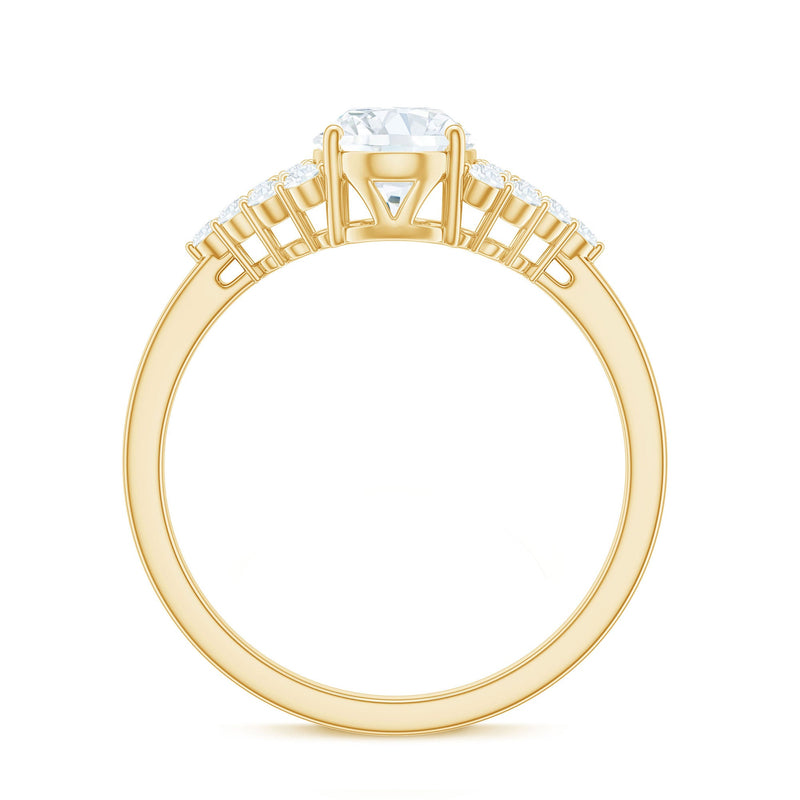 Oval moissanite engagement ring with 6x8mm center stone and cluster side stones, featuring a elegant rose gold band.
