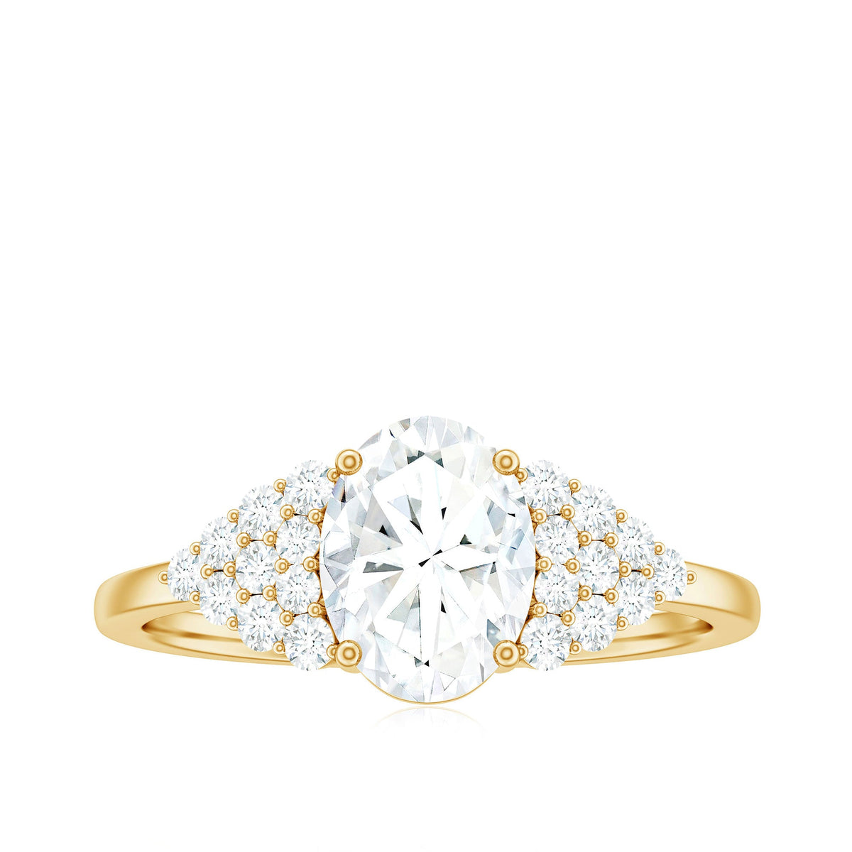 Oval moissanite engagement ring with 6x8mm center stone and cluster side stones, crafted by Rosec Jewels.