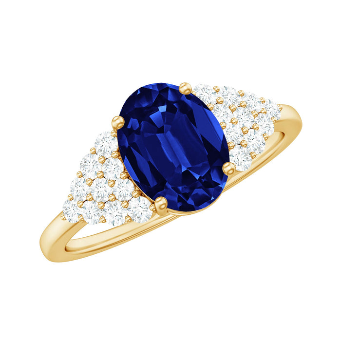 Certified 1.5 carat lab-grown blue sapphire oval engagement ring with diamond side stones by Rosec Jewels, featuring a detailed view of the ring.