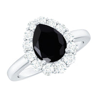 Certified Genuine 1.7 Carat Black Spinel Teardrop Engagement Ring with Diamond Halo