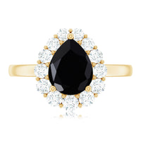 Certified Genuine 1.7 Carat Black Spinel Teardrop Engagement Ring with Diamond Halo
