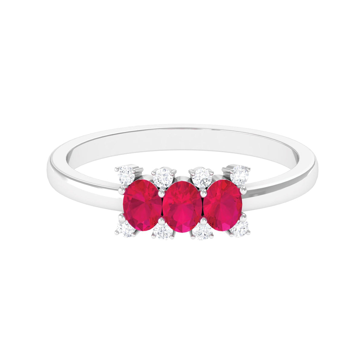 Oval ruby three-stone promise ring with diamond accents from Rosec Jewels, featuring a gold band and elegant design.