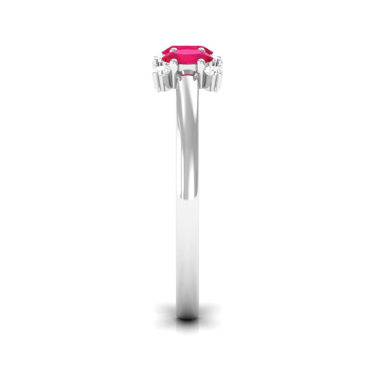 Oval ruby three-stone promise ring with diamond accents by Rosec Jewels, featuring a elegant gold band and sparkling gemstones.