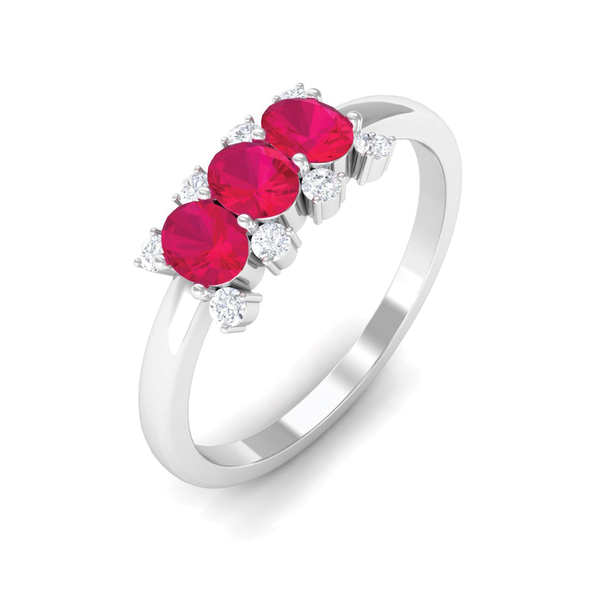 Oval ruby three stone promise ring with diamond accents from Rosec Jewels, showcasing the elegant design and vibrant gemstones.