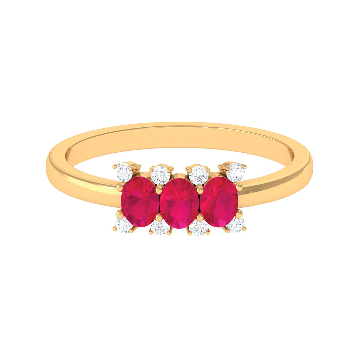 Oval ruby three-stone promise ring with diamond accents by Rosec Jewels, showcasing a silver band and sparkling gemstones.