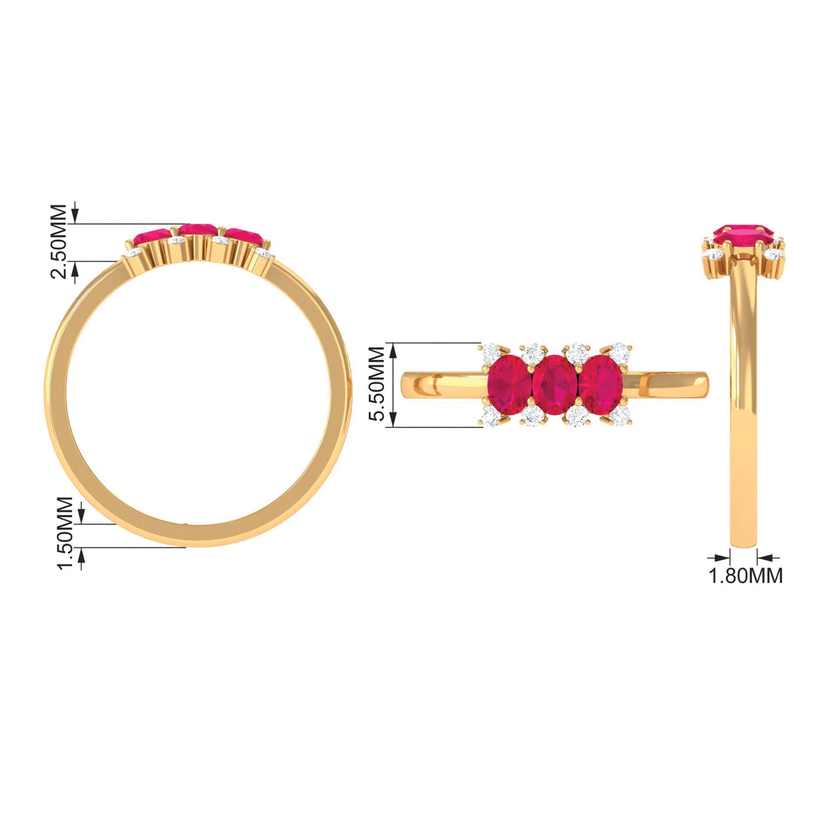 Oval ruby three-stone promise ring with diamond accents from Rosec Jewels, featuring a gold band and intricate design.