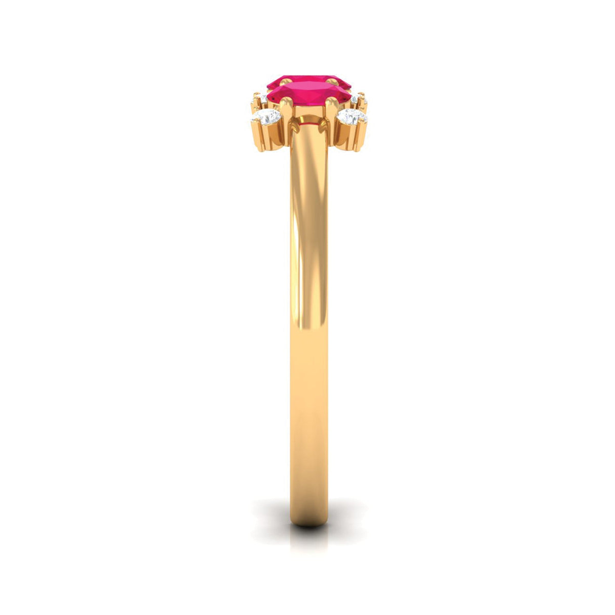 Oval ruby three-stone promise ring with diamonds by Rosec Jewels, featuring a central ruby flanked by sparkling diamonds.