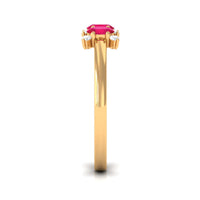 Oval ruby three-stone promise ring with diamonds by Rosec Jewels, featuring a central ruby flanked by sparkling diamonds.