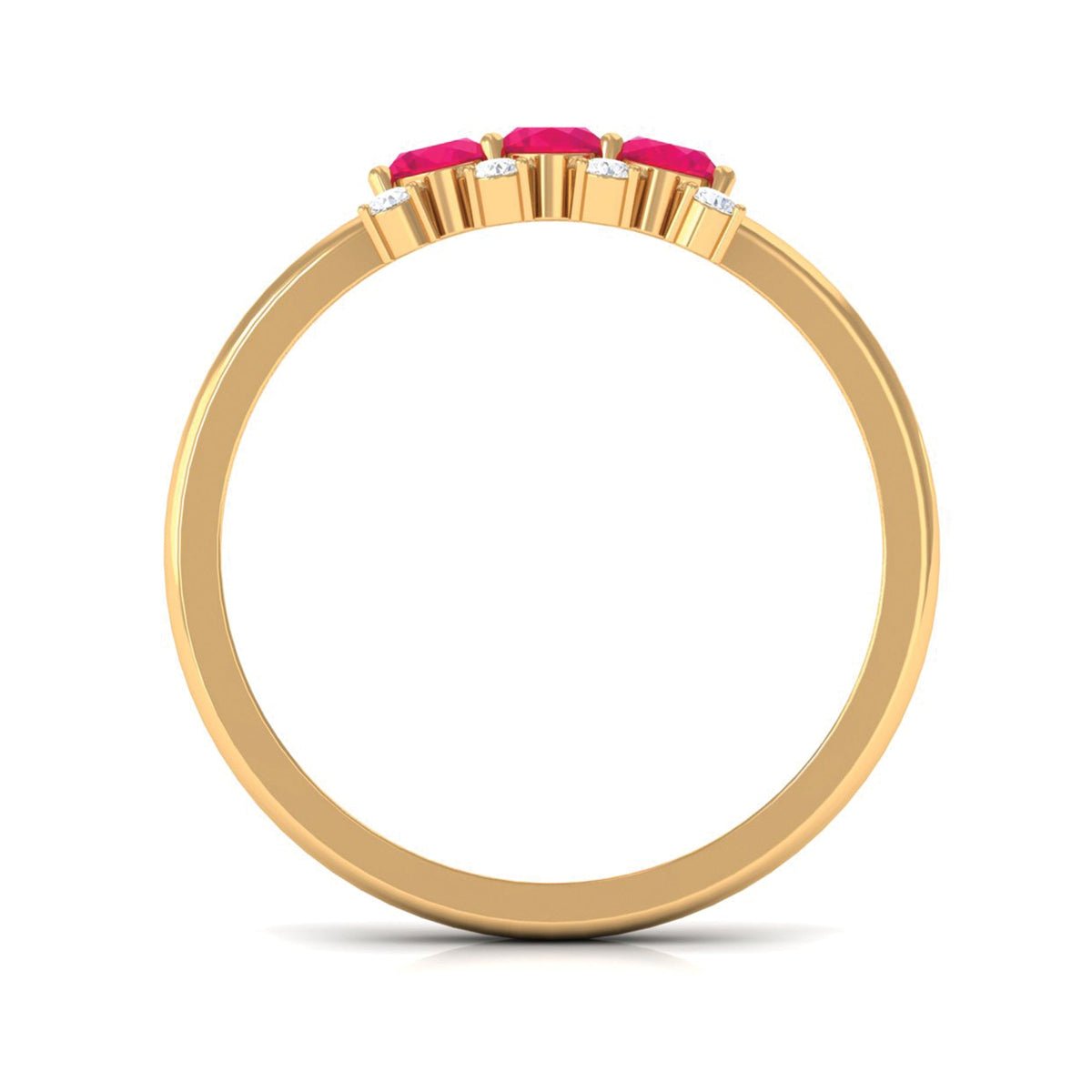 Oval ruby three-stone promise ring with diamonds by Rosec Jewels, featuring a central ruby flanked by two diamonds.
