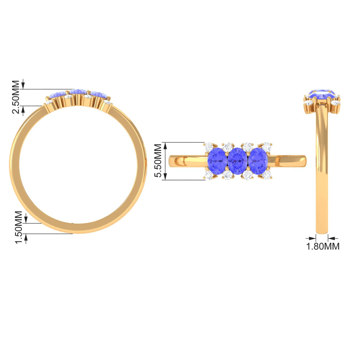 Oval cut Tanzanite three-stone ring with diamonds from Rosec Jewels, showcasing the gemstone and elegant band design.