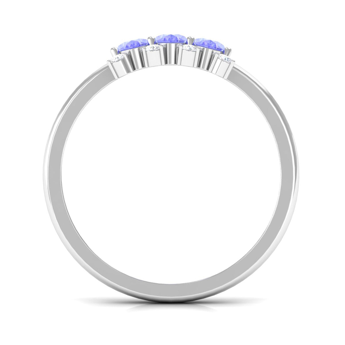 Oval cut tanzanite three-stone ring with diamond accents, crafted by Rosec Jewels, featuring a elegant and sparkling design.