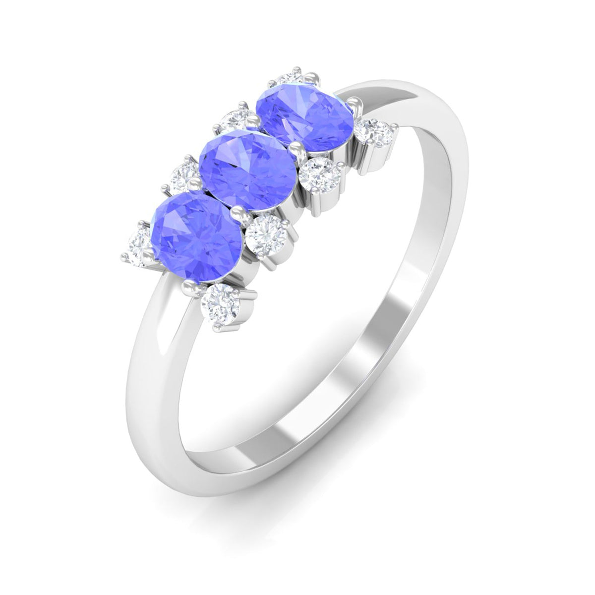 Oval cut tanzanite three-stone ring with diamond accents from Rosec Jewels, showcasing elegant gemstone and diamond details.