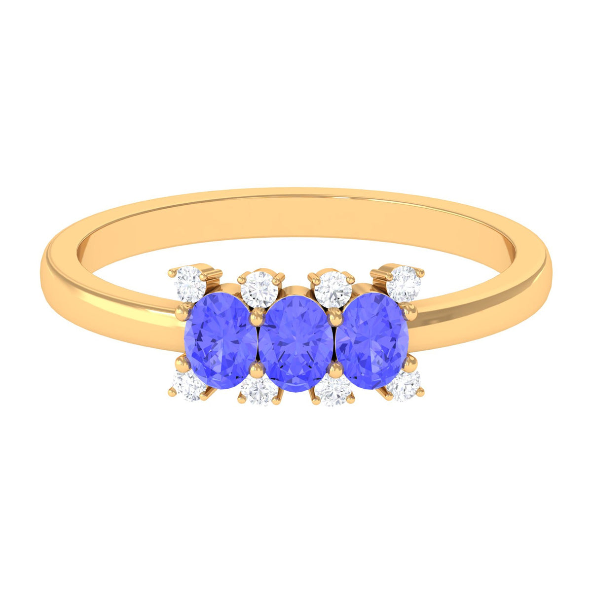 Oval cut tanzanite three stone ring with diamond accents, featuring Rosec Jewels' elegant design and sparkling gemstone details.
