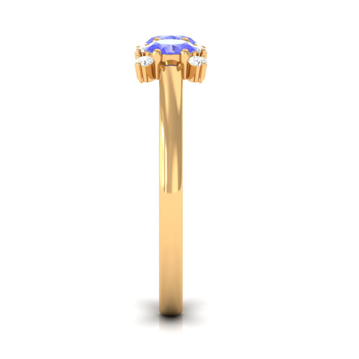 Oval cut Tanzanite three-stone ring with diamond accents by Rosec Jewels, showcasing elegant gemstone and sparkling side stones.