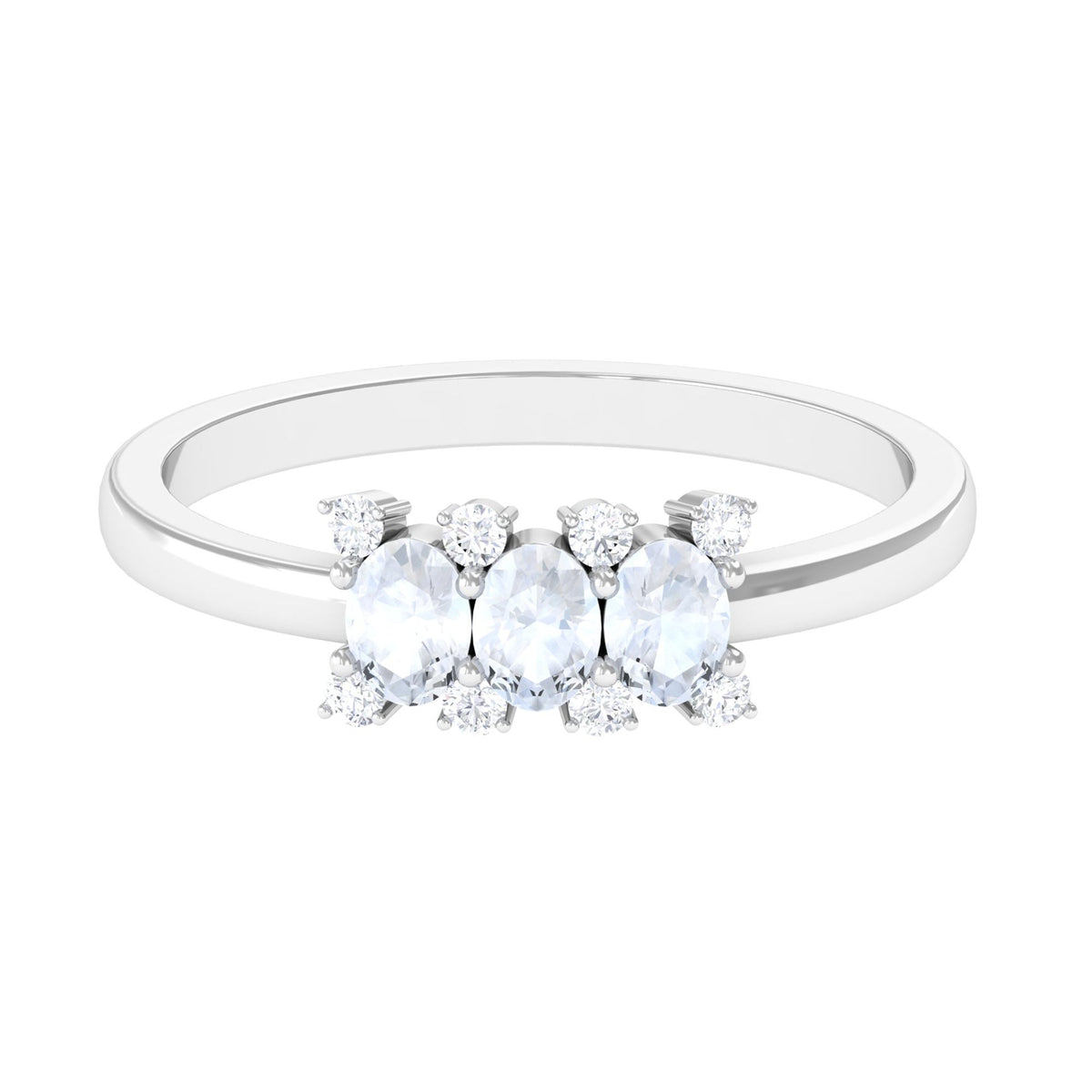 Oval cut moonstone three-stone ring with diamonds from Rosec Jewels, showcasing the elegant design and sparkling gemstones.