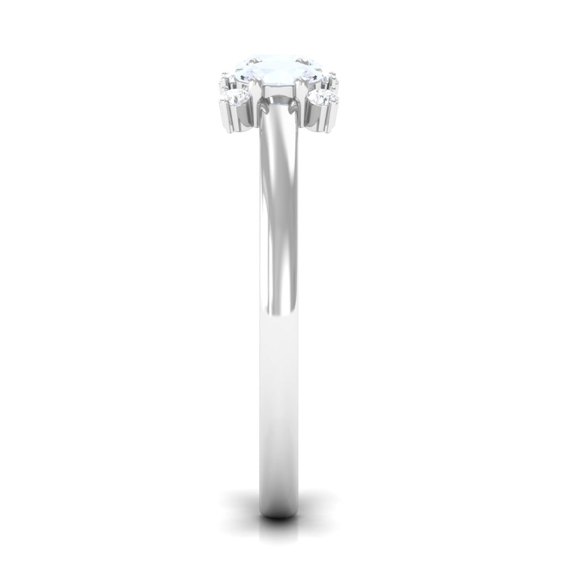 Oval cut moonstone three-stone ring with diamond accents by Rosec Jewels, showcasing elegant gemstone details and sparkling side stones.