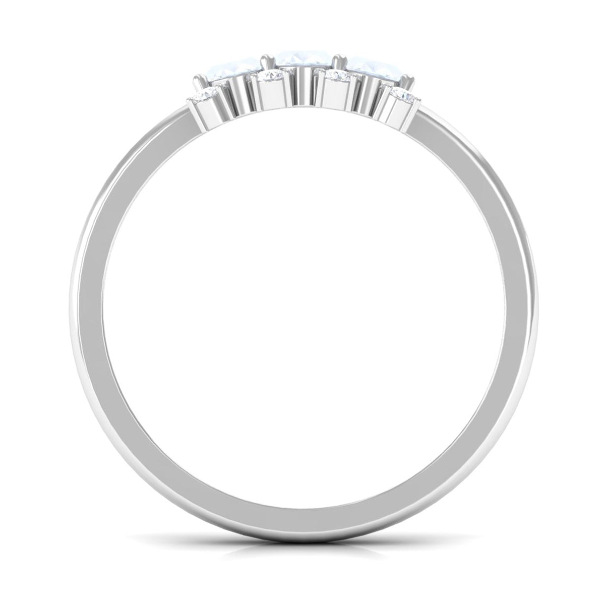 Oval cut moonstone three-stone ring with diamonds by Rosec Jewels, showcasing the elegant gemstone and sparkling accents.