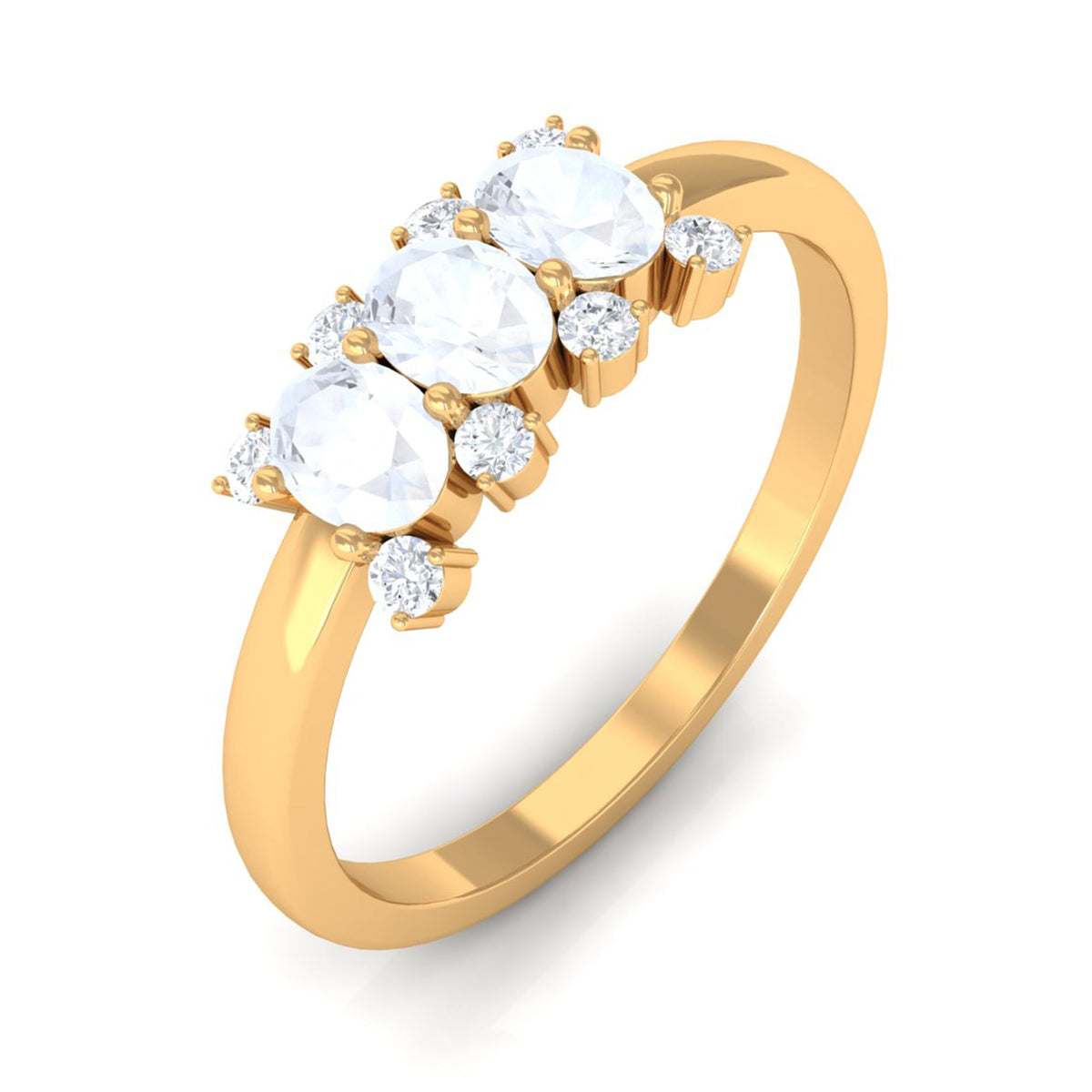 Oval cut moonstone three-stone ring with diamond accents by Rosec Jewels, showcasing the elegant jewelry design.