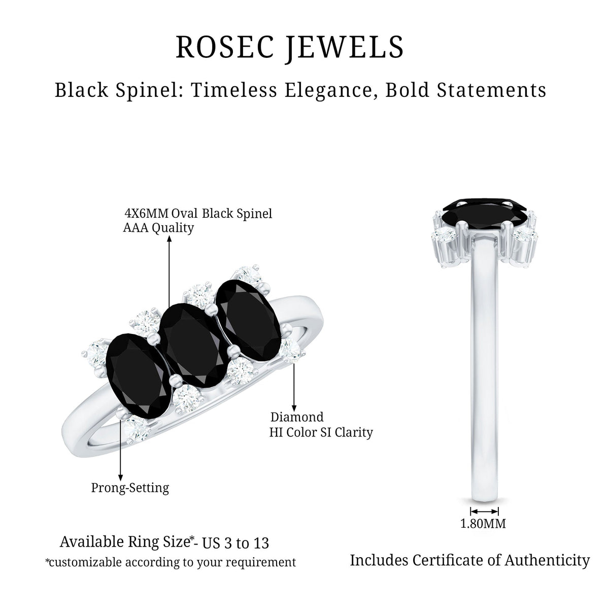 Natural Oval Black Spinel 3 Stone Engagement Ring with Diamond