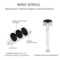 Natural Oval Black Spinel 3 Stone Engagement Ring with Diamond