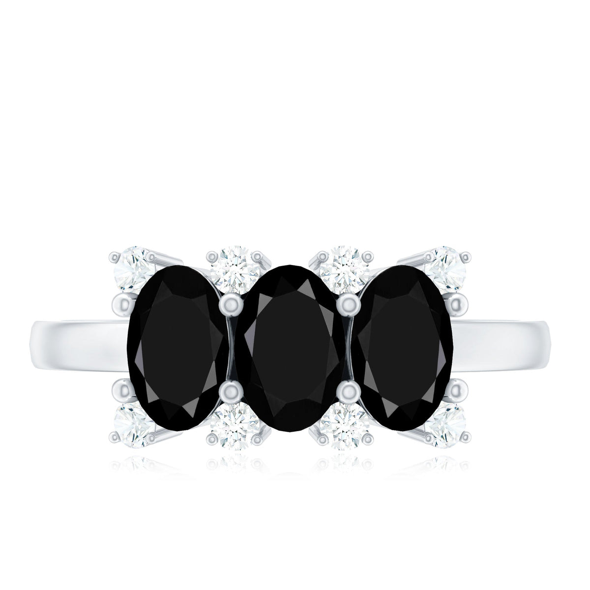 Natural Oval Black Spinel 3 Stone Engagement Ring with Diamond