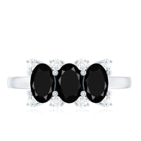 Natural Oval Black Spinel 3 Stone Engagement Ring with Diamond